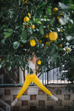 Unrecognizable young woman in yellow pants standing under lemon tree with juicy lemons hanging on it