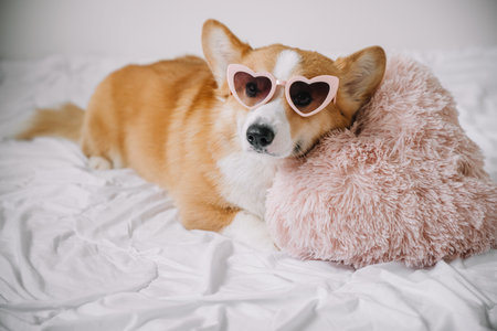 A corgi comfortably rests on a bed, leaning on a plush heart-shaped pillow, wearing fun sunglasses.の写真素材