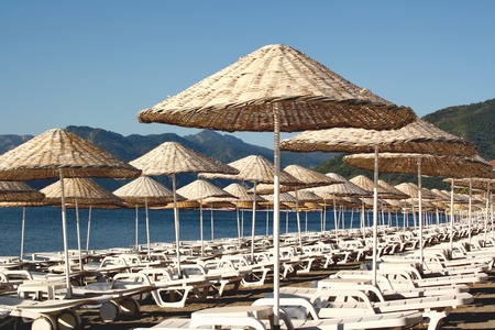 Canvas chairs on the beach の写真素材