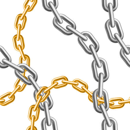 Gold and silver metal chains on white background. Seamless pattern. Realistic volumetric elements. Vector illustrationのイラスト素材