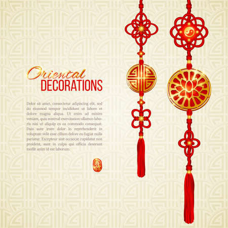 Asian red and golden tassel decorations. Lotus image, yin yang symbol and knot elements. Stamp with Chinese hieroglyph for Joy. Perfect decor for Asian New Year or Harvest Festival. Vectorのイラスト素材