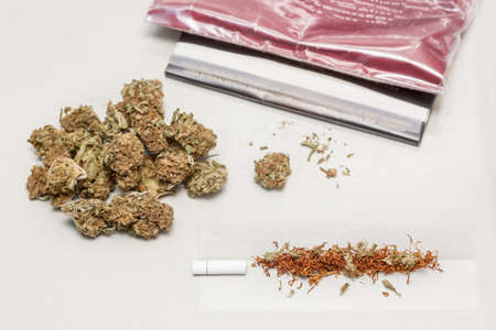 Preparing a cannabis joint with tobacco and rolling paper with marijuana bud on white background. The insinuation of marijuana abuse.の写真素材