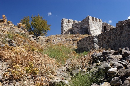 The ruins of historic castle near Myrina on Lemnos islandの写真素材