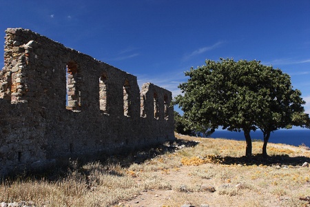 The ruins of historic castle near Myrina on Lemnos islandの写真素材