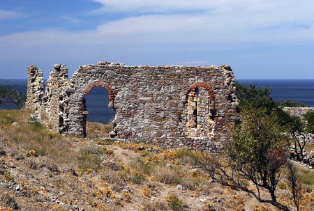 The ruins of historic castle near Myrina on Lemnos islandの写真素材