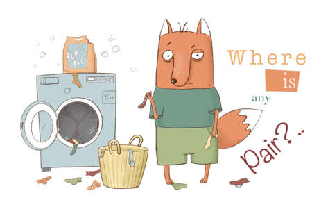Fox is searching for pair of socks after washing, comic hand drawn illustrationの写真素材