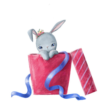 cute rabbit in the gift box with charming eyes, hand drawn illustration on the white background, holiday card design with the cartoon characterの写真素材