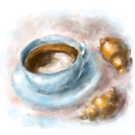 cup of coffee with tasty croissants for breakfast, good morning watercolor illustration with hot drink and warm buns, brioshの写真素材