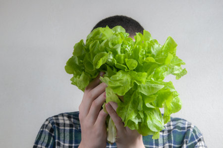 Young man holding lettuce with gray backgroundの写真素材