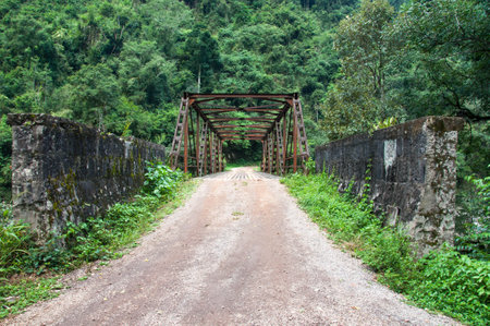 The old railway bridge over the river in the jungle, Brazilの写真素材