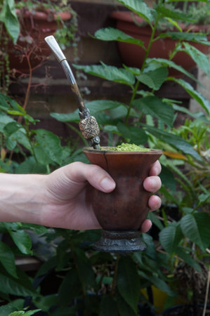 Photograph of a hand holding a gourd with chimarrÃ£o with plants in the background