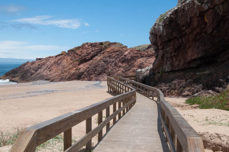Wooden walkway on the beach in Uruguayの写真素材