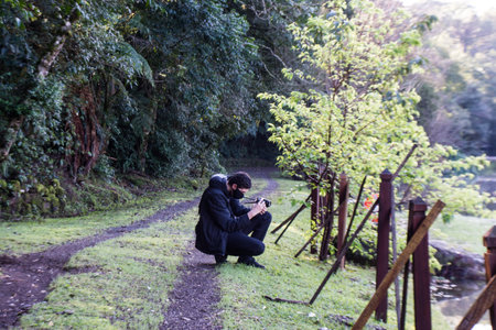 Young man photographing in the park. Lifestyle concept.