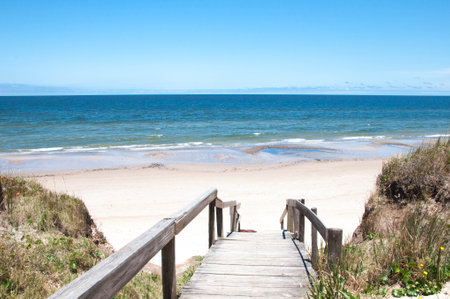 Wooden walkway to the beach in summer, uruguayの写真素材