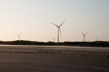 Wind turbines on the beach at sunset in brazilの写真素材