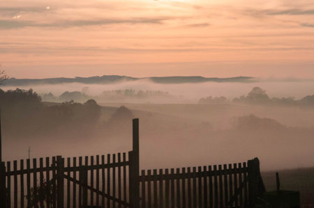 Foggy morning in brazil countryside, with a wooden fenceの写真素材