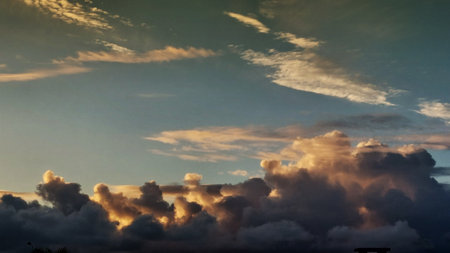 Cloudscape, Colored Clouds at Sunset near the Ocean in a Tropical Climate