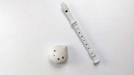 Musical instruments on a white background.Recorder and ocarinaの写真素材