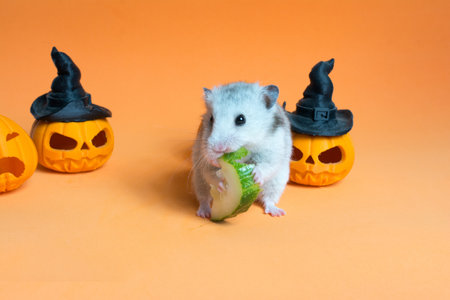 Funny hamster with Halloween pumpkins on orange background. Studio shot.の写真素材