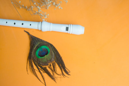 peacock feather and flute on orange background with copy spaceの写真素材