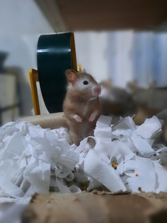 Hamster sitting on a pile of crumpled toilet paper.の写真素材