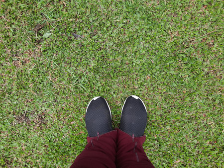 Selfie of shoes on green grass background. View from above.