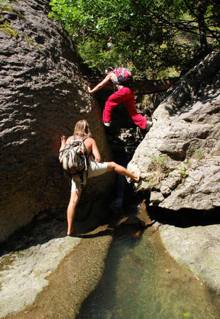 Two guys travel to a mountain riverのeditorial素材