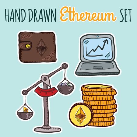 Hand Drawn Sketchy Doodle Colorful Cartoon Ethereum Crypto Currency Setのイラスト素材