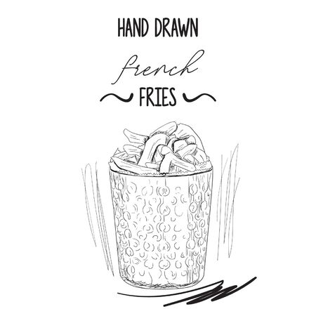 Hand drawn black and white french potato fries in metal cupのイラスト素材