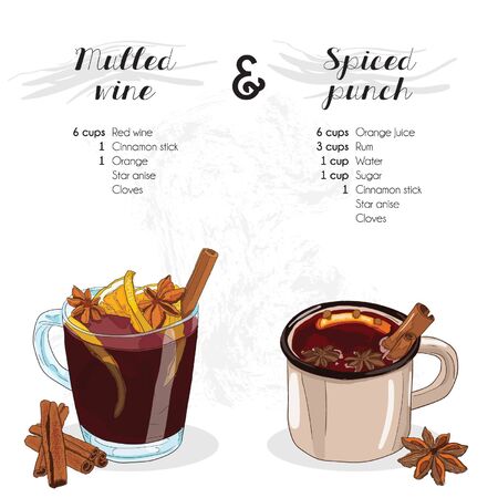 Hand Drawn Colorful Mulled wine and Spiced punch Drink Ingredients Recipeのイラスト素材