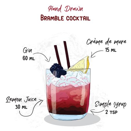 Hand Drawn Colorful Bramble Sumemr Cocktail Drink Ingredients Handwritten Recipeのイラスト素材