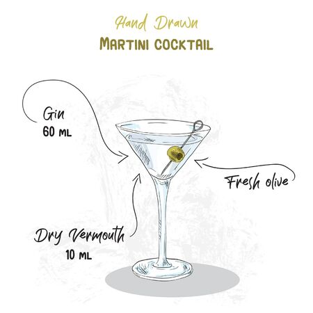 Hand Drawn Colorful Martini Summer Cocktail Drink Ingredients Handwritten Recipeのイラスト素材