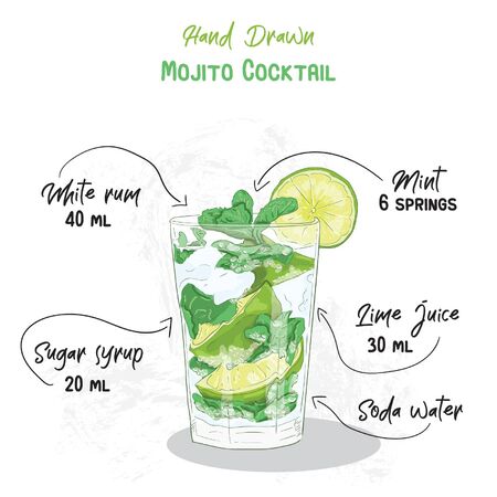 Hand Drawn Colorful Mojito Summer Cocktail Drink Ingredients Handwritten Recipeのイラスト素材