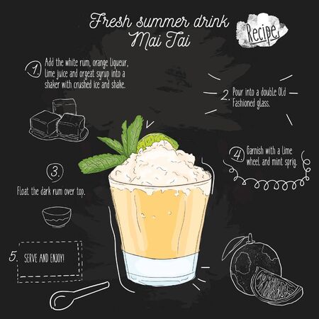 Hand drawn colorful fresh summer drink. Mai Tai recipe on blackboard.のイラスト素材