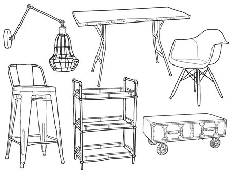 Hand drawn sketchy line art industrial loft furnitureのイラスト素材
