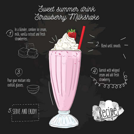 Hand Drawn Colorful Strawberry Milkshake Summer Drink Recipe on Blackboardのイラスト素材