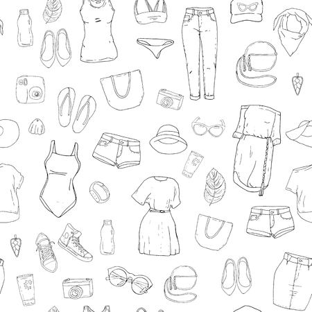Seamless pattern with the summer clothes, dresses and bags in black and whiteのイラスト素材