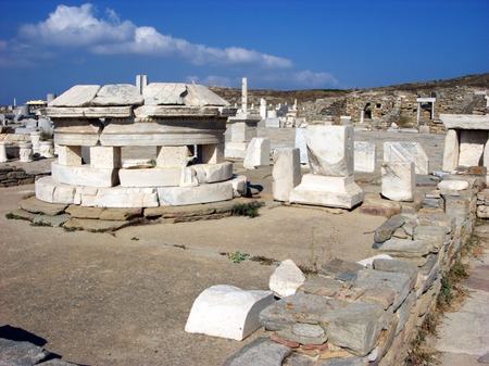Stone ruins and parts of sculptures outside on island Delos near Mykonosの写真素材