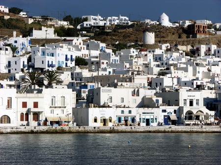 View on the white houses in Mykonos from the seaのeditorial素材