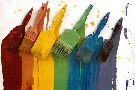 Colorful brushes fixed on the rainbow colour panel in Mykonos