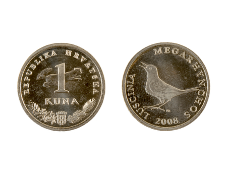 1 Kuna coin isolated on white background. The kuna is the currency of Croatia.It is subdivided into 100 lipa. Inscriptions on latin.の写真素材