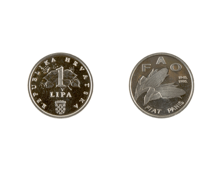 1 Lipa coin isolated on white background. The kuna is the currency of Croatia.It is subdivided into 100 lipa. Commemorative coin.の写真素材