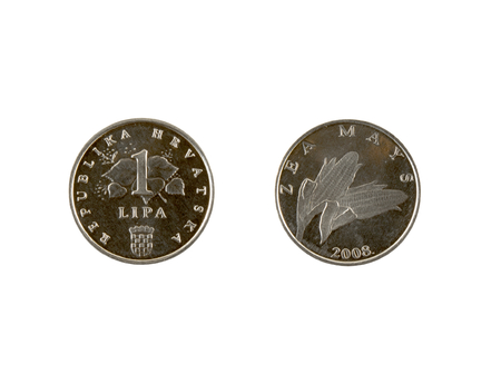 1 Lipa coin isolated on white background. The kuna is the currency of Croatia.It is subdivided into 100 lipa. Inscriptions on latin.の写真素材