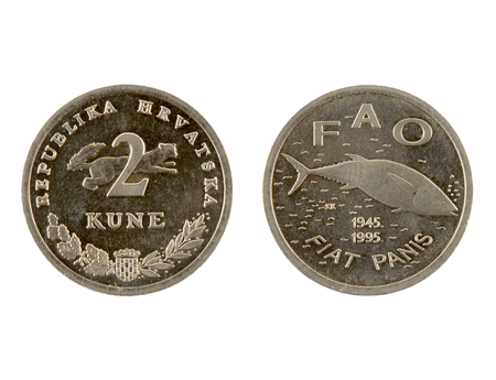 2 Kune coin isolated on white background. The kuna is the currency of Croatia.It is subdivided into 100 lipa. Commemorative coin.の写真素材