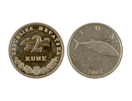 2 Kune coin isolated on white background. The kuna is the currency of Croatia.It is subdivided into 100 lipa. Inscriptions on croatian.の写真素材
