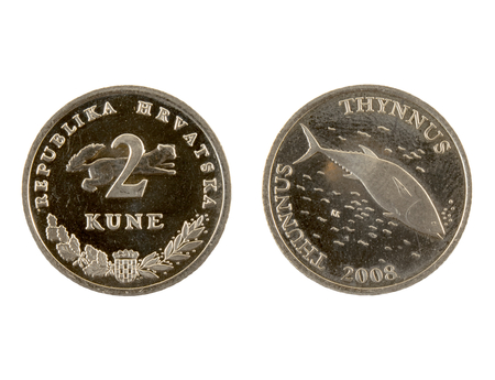 2 Kune coin isolated on white background. The kuna is the currency of Croatia.It is subdivided into 100 lipa. Inscriptions on latin.の写真素材