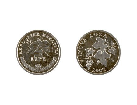 2 Lipe coin isolated on white background. The kuna is the currency of Croatia.It is subdivided into 100 lipa. Inscriptions on croatian.の写真素材
