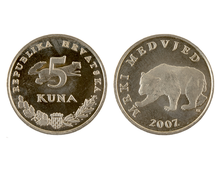5 Kuna coin isolated on white background. The kuna is the currency of Croatia.It is subdivided into 100 lipa. Inscriptions on croatian.の写真素材