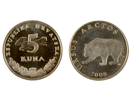 5 Kuna coin isolated on white background. The kuna is the currency of Croatia.It is subdivided into 100 lipa. Inscriptions on latin.の写真素材