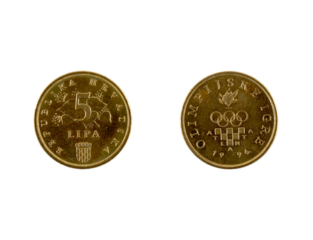 5 Lipa coin isolated on white background. The kuna is the currency of Croatia.It is subdivided into 100 lipa. Commemorative coin.の写真素材